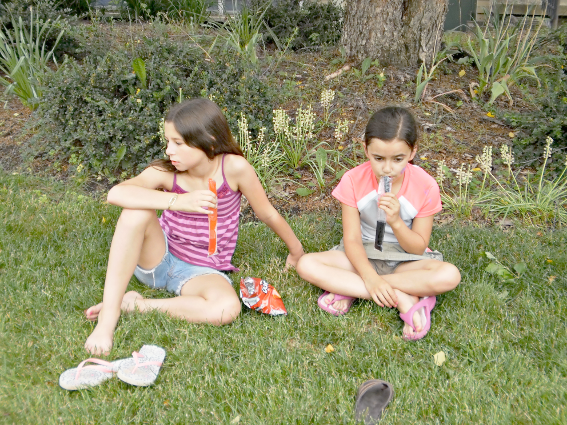 [photo of two girls seated on the lawn eating freeze-pops]